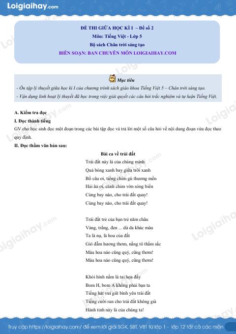 Đề thi giữa học kì 1 Tiếng Việt 5 - Đề số 2